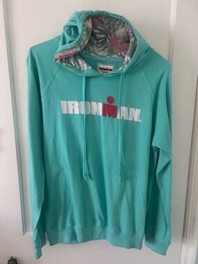 IRONMAN Teal Hoodie with flower lined hood soft! Woman's L runs small